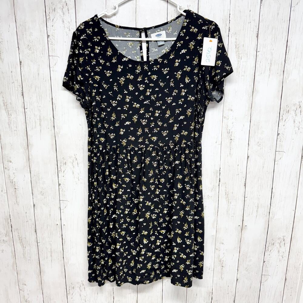 Old Navy Dress Women Size Medium Black Dainty Floral Short Sleeve‎ T-Shirt Mini